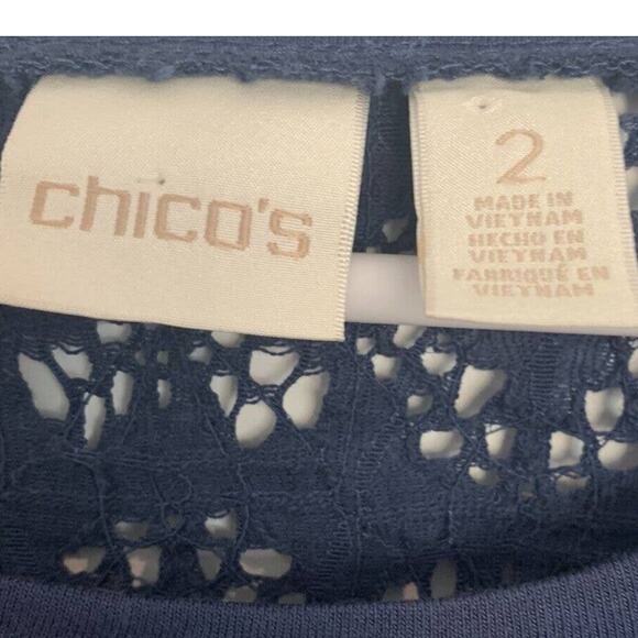 Chico’s Crocheted Top 2 US 12 L Navy Lace Whimsy Goth Long Sleeves Blouson - Picture 3 of 5